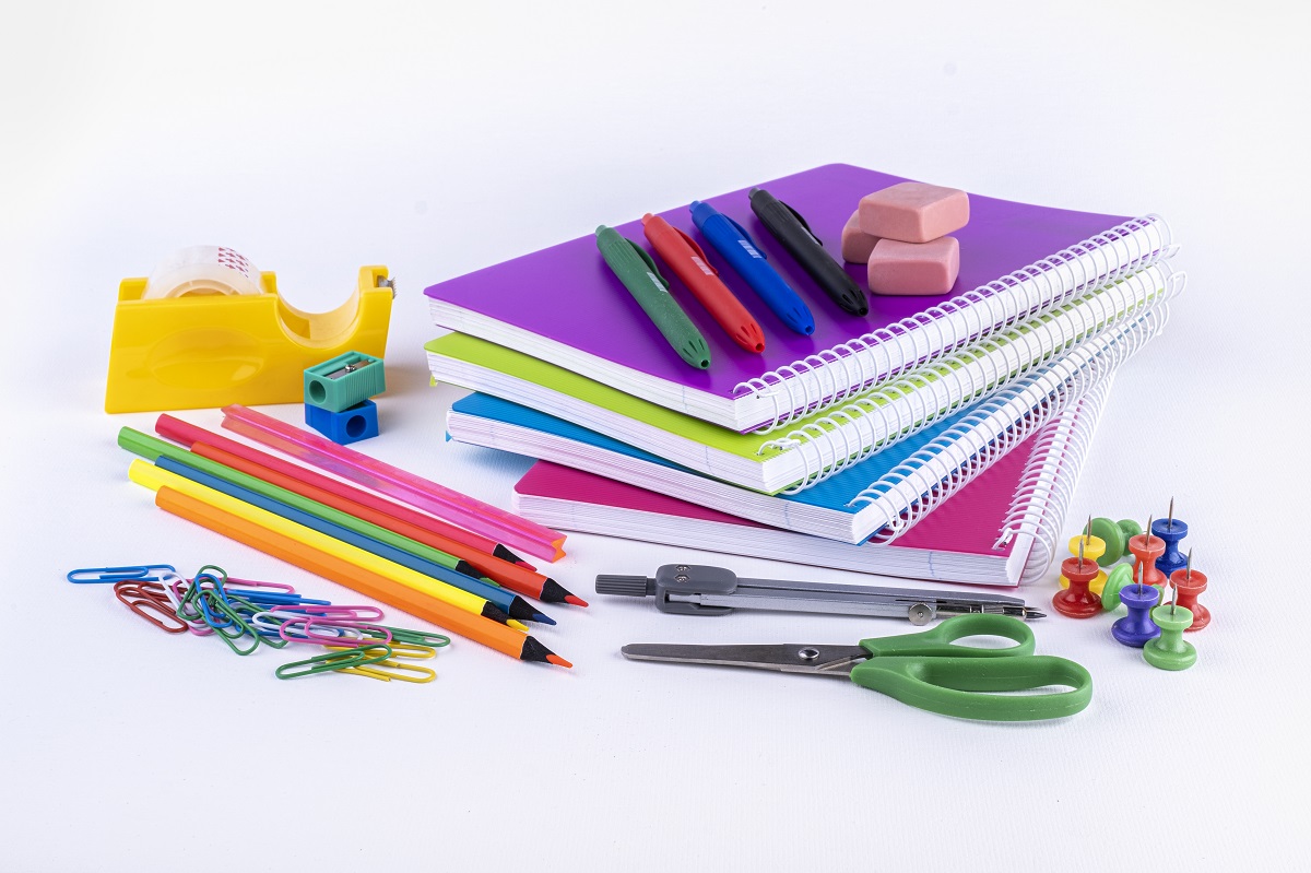 School and office supplies on white background